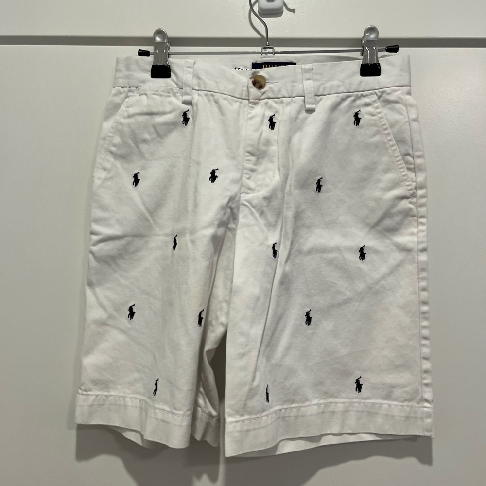 Polo Ralph Lauren Boys White Navy Blue Embroidered Pony Chino Shorts Size 12